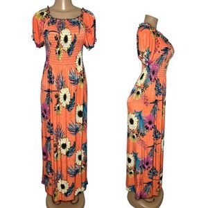 NWT Size M/L Orange Floral Maxi Dress for Women Elastic Bust long A-Line Dress